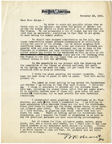 Letter from William Randolph Hearst to Julia Morgan, November 23, 1922