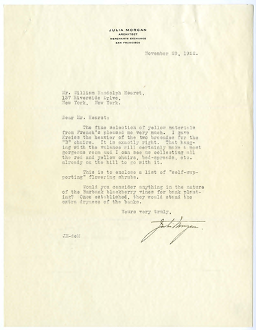 Letter from Julia Morgan to William Randolph Hearst, November 29, 1922