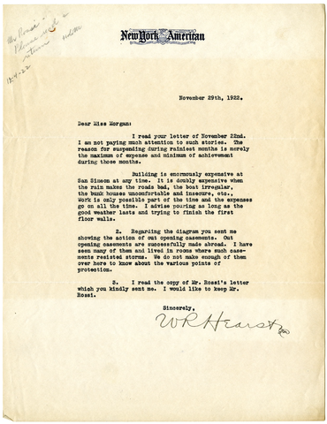 Letter from William Randolph Hearst to Julia Morgan, November 29, 1922
