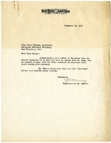 Letter from J. A. Murray (secretary to Mr. Hearst) to Julia Morgan, December 12, 1922
