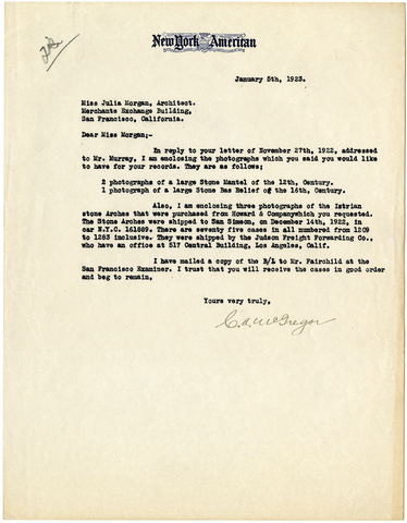 Letter from [C.] A. McGregor to Julia Morgan, January 5, 1923