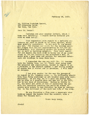 Letter from Julia Morgan to William Randolph Hearst, February 28, 1923