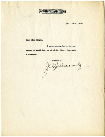 Letter from Joseph Willicombe to Julia Morgan, April 10, 1923