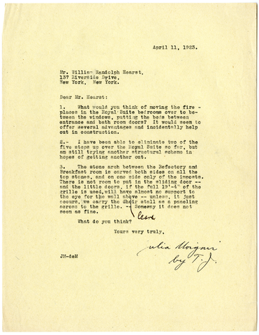 Letter from Julia Morgan to William Randolph Hearst, April 11, 1923