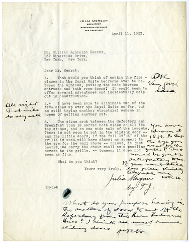 Letter from Julia Morgan to William Randolph Hearst, April 11, 1923