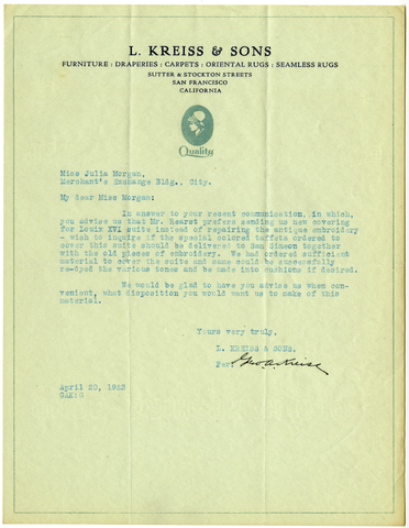 Letter from G. Kreiss to Julia Morgan, April 20, 1923