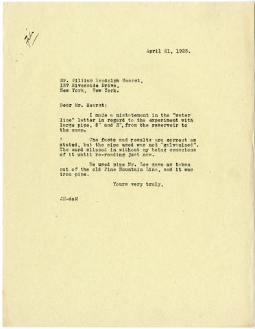Letter from Julia Morgan to William Randolph Hearst, April 21, 1923
