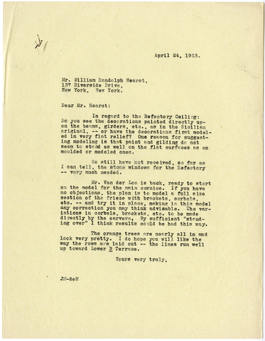 Letter from Julia Morgan to William Randolph Hearst, April 24, 1923
