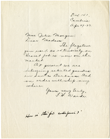 Letter from F. H. Wards to Julia Morgan, April 27, 1923