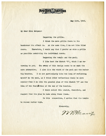 Letter from William Randolph Hearst to Julia Morgan, May 11, 1923