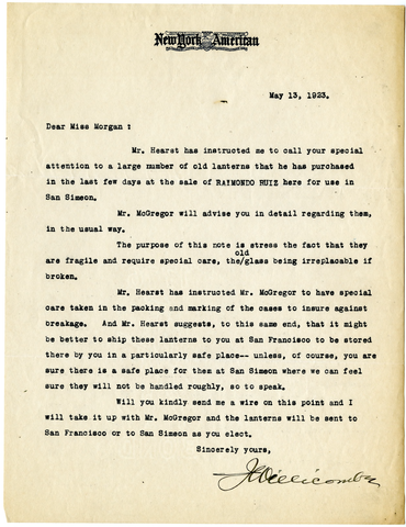 Letter from Joseph Willicombe to Julia Morgan, May 13, 1923