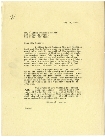 Letter from Julia Morgan to William Randolph Hearst, May 16, 1923