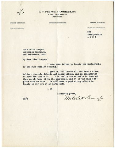 Letter from Mitchell Samuels to Julia Morgan, May 26, 1923