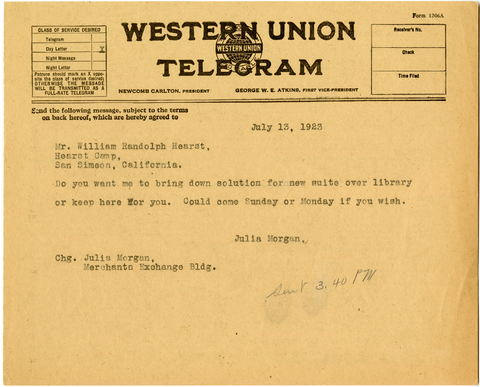 Telegram from Julia Morgan to William Randolph Hearst, July 13, 1923