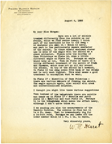 Letter from William Randolph Hearst to Julia Morgan, August 6, 1923