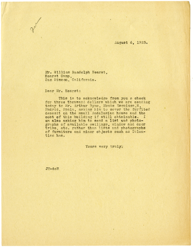 Letter from Julia Morgan to William Randolph Hearst, August 6, 1923