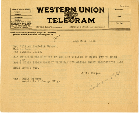 Telegram from Julia Morgan to William Randolph Hearst, August 6, 1923