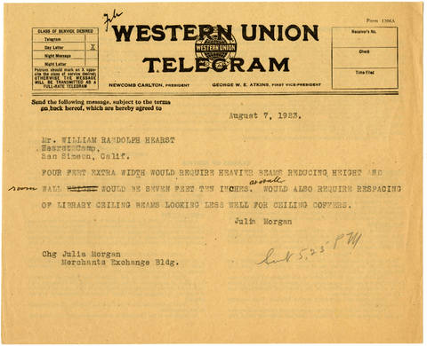Telegram from Julia Morgan to William Randolph Hearst, August 7, 1923