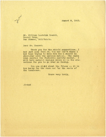 Letter from Julia Morgan to William Randolph Hearst, August 8, 1923