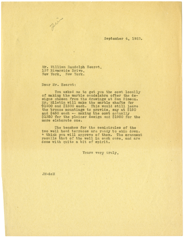 Letter from Julia Morgan to William Randolph Hearst, September 4, 1923