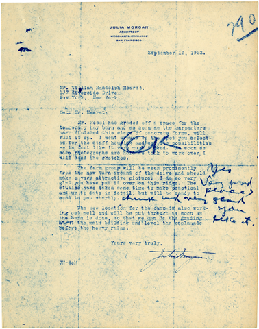 Copy of a Letter from Julia Morgan to William Randolph Hearst, September 13, 1923