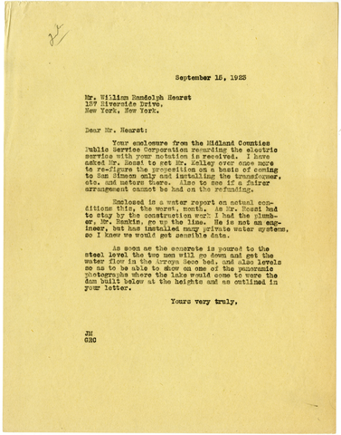 Letter from Julia Morgan to William Randolph Hearst, September 15, 1923