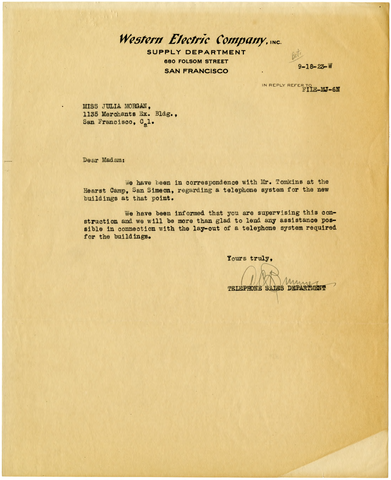 Letter from Western Electric Company to Julia Morgan, September 18, 1923
