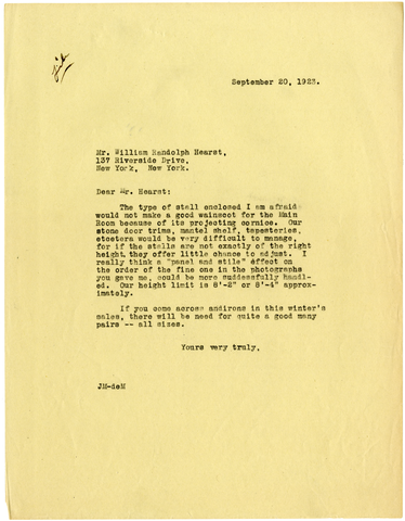 Letter from Julia Morgan to William Randolph Hearst, September 20, 1923