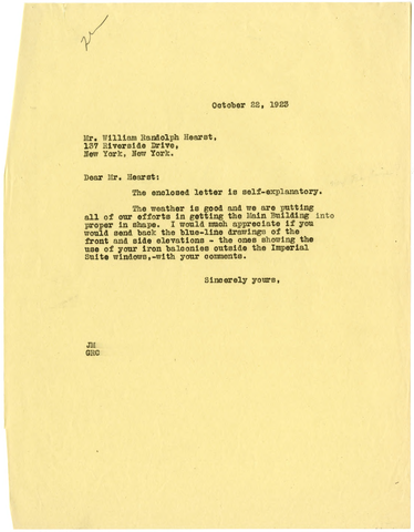 Letter from Julia Morgan to William Randolph Hearst, October 22, 1923