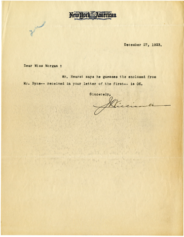 Letter from Joseph Willicombe to Julia Morgan, December 27, 1923