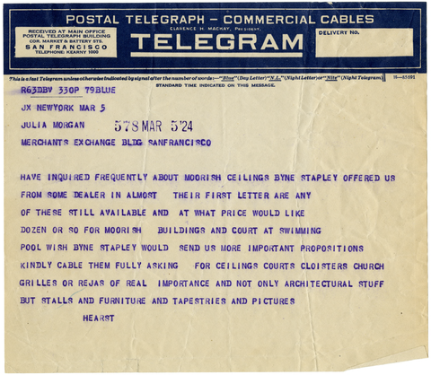 Telegram from William Randolph Hearst to Julia Morgan, March 5, 1924