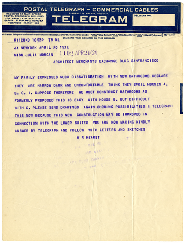 Telegram from William Randolph Hearst to Julia Morgan, April 20, 1924