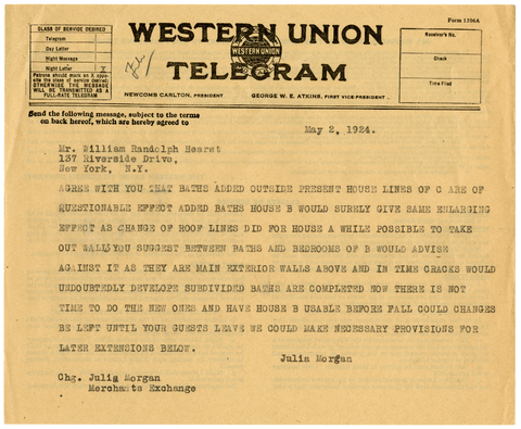 Telegram from Julia Morgan to William Randolph Hearst, May 2, 1924