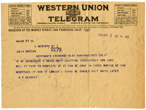 Telegram from William Randolph Hearst to Julia Morgan, May 2, 1924