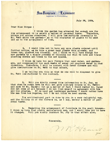 Letter from William Randolph Hearst to Julia Morgan, July 28, 1924