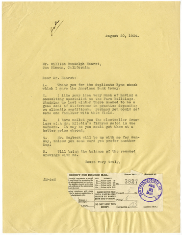 Letter from Julia Morgan to William Randolph Hearst, August 20, 1924