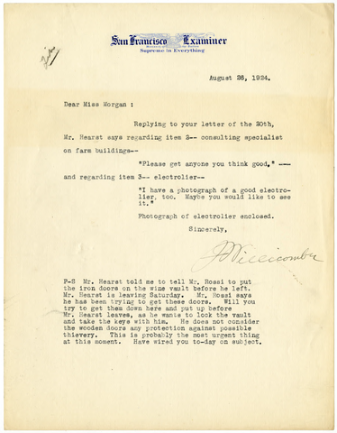Letter from Joseph Willicombe to Julia Morgan, August 26, 1924