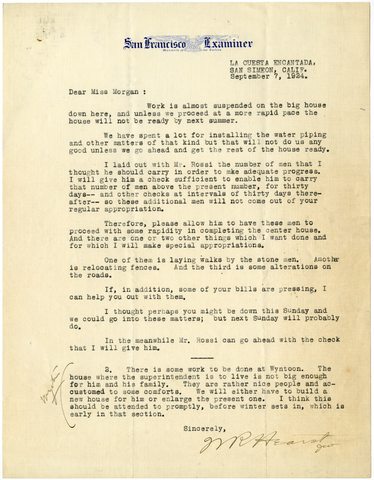 Letter from William Randolph Hearst to Julia Morgan, September 7, 1924