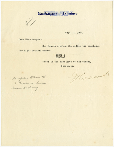 Letter from Joseph Willicombe to Julia Morgan, September 7, 1924