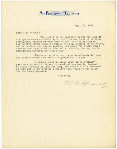 Letter from William Randolph Hearst to Julia Morgan, September 20, 1924