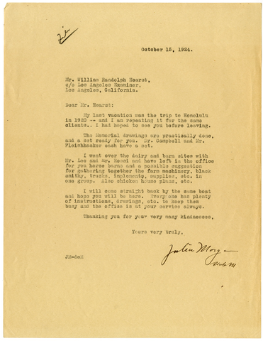Letter from Julia Morgan to William Randolph Hearst, October 15, 1924