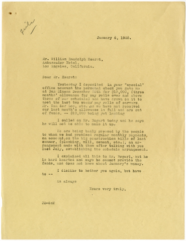 Letter from Julia Morgan to William Randolph Hearst, January 6, 1925