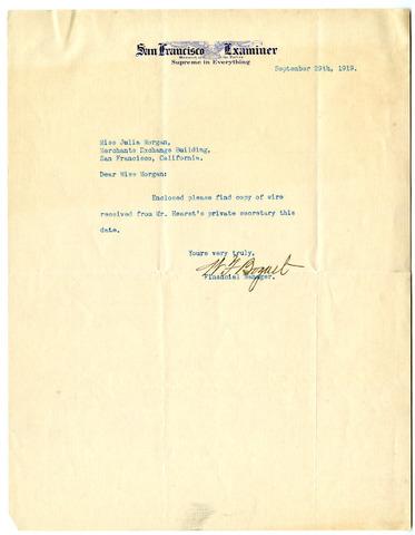 Letter from W.F. Bogart to Julia Morgan, September 29, 1919, page 1