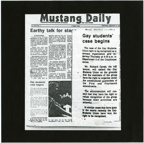 Mustang Daily Article 'Gay Students Case Begin', September 27, 1973