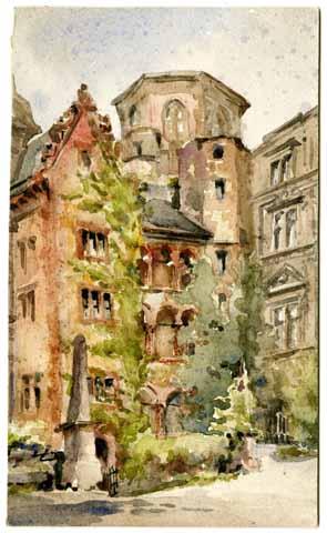 [Watercolor painting of French building]