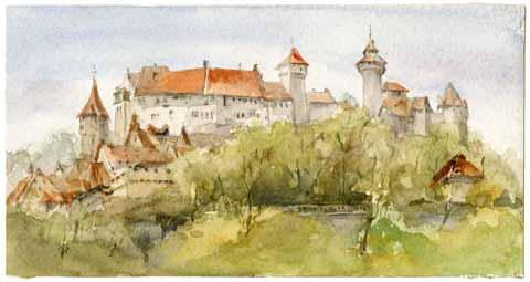 [Watercolor painting of French hilltop chateau]