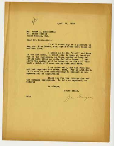 Letter from Julia Morgan to Frank A. Hellenthal, April 19, 1933