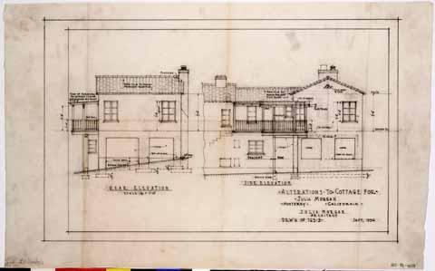 Alterations to cottage for Julia Morgan, Monterey, rear and side elevations, 1936