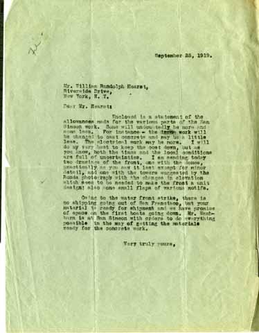 Correspondence, from Julia Morgan to William Randolph Hearst, Sept. 1919