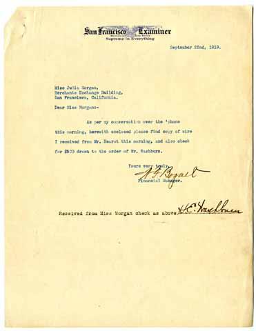 Letter from W.F. Bogart to Julia Morgan, September 22, 1919